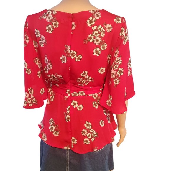 CUPCAKES & CASHMERE TIPTON Floral Cherry Blossom Blouse Top Peplum Hem Size S - Picture 4 of 12